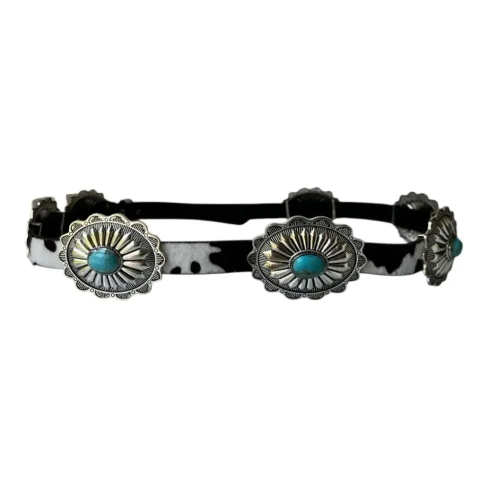 Haute Hippie Cow Print Silver and Turquoise Chain Concho Belt New